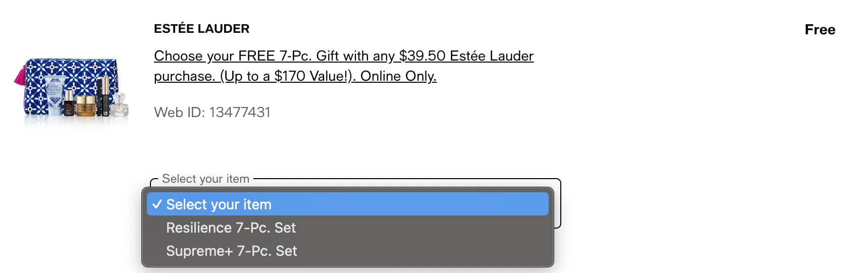 screenshot of free gift with purchase