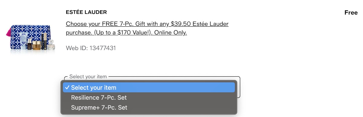 screenshot of free gift with purchase