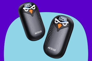 Rechargeable hand warmers set on a blue background.