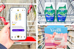 Collage with a hand holding a smartphone displaying a 1-clip coupon in the kcl app, venus razor refills, and crest toothpaste