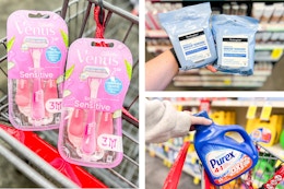 collage image of venus razors, neutrogena wipes, and purex detergent