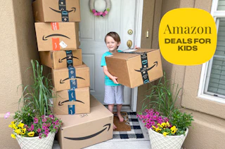 a kid on a porch with packages