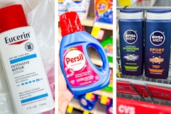 collage image of eucerin lotion, persil detergent, and nivea body wash