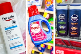 collage image of eucerin lotion, persil detergent, and nivea body wash