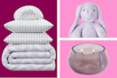 Bedding, plush bunny and candle