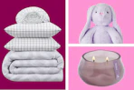 Bedding, plush bunny and candle