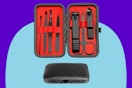 Men's manicure set on a purple and blue background.
