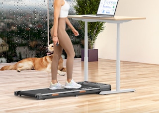 a person on a treadmill at a desk with a laptop