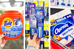 collage image of tide pods, crest and oral-b products, and charmin toilet paper