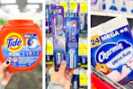collage image of tide pods, crest and oral-b products, and charmin toilet paper