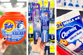 collage image of tide pods, crest and oral-b products, and charmin toilet paper