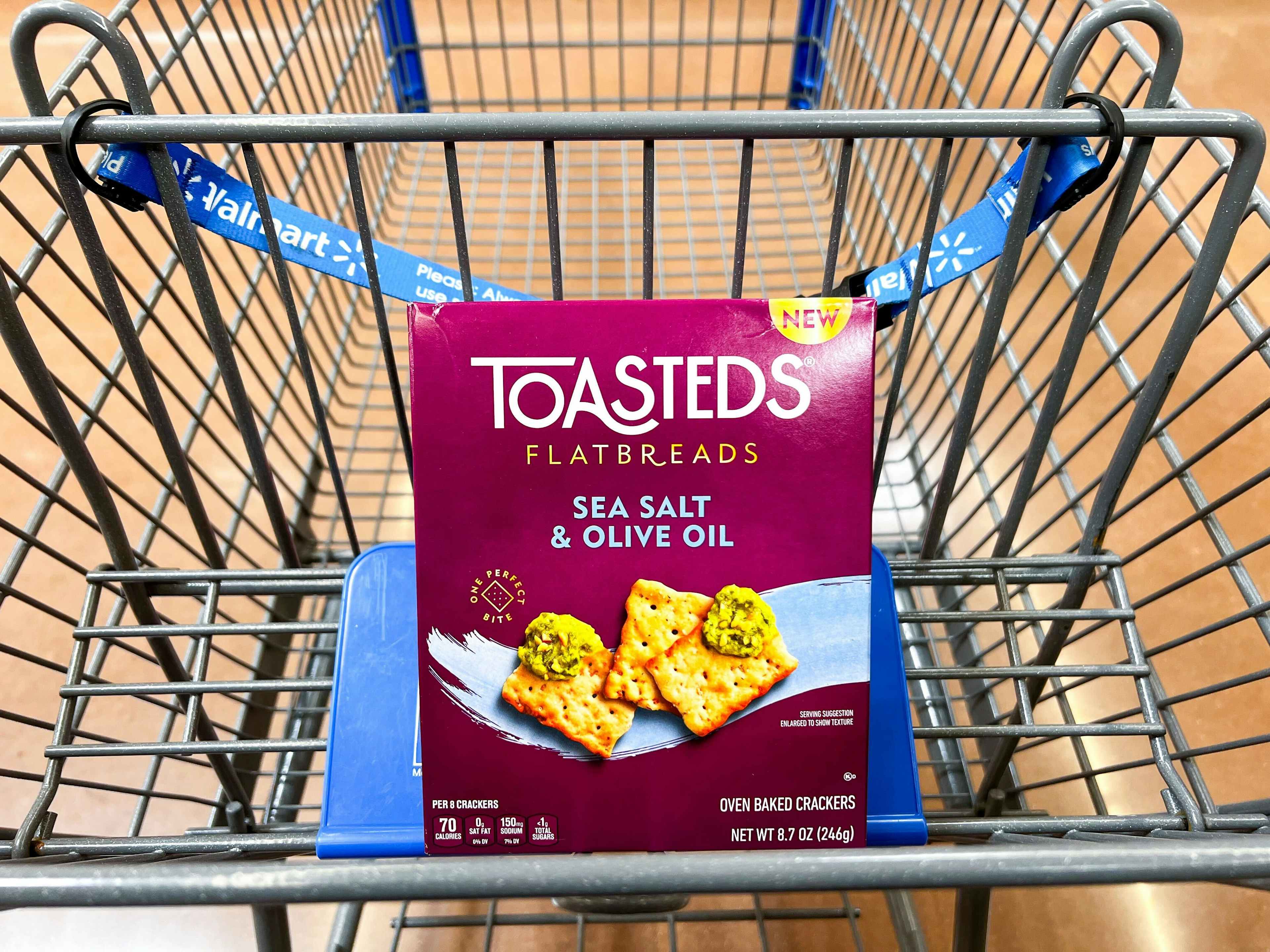 box of toasted flatbreads crackers in a cart