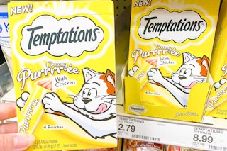 One package of Temptations Purre Cat Treats held in front of $2.79 price tag at Target