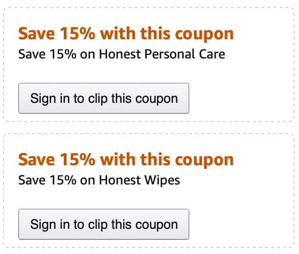 A screenshot of two coupons available for a product on Amazon.