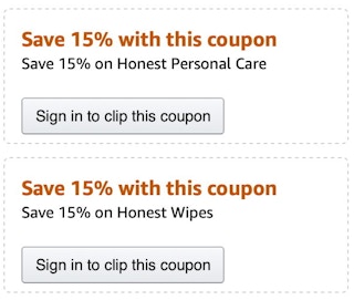 A screenshot of two coupons available for a product on Amazon.