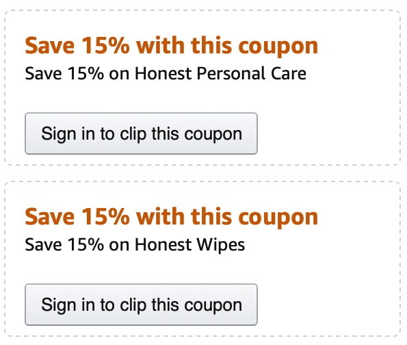 A screenshot of two coupons available for a product on Amazon.