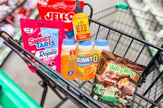 groceries in a dollar tree shopping cart