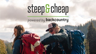 Two people on a mountain with hiking backpacks, and the Steep & Cheap logo