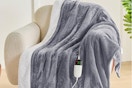 Electric heated gray blanket on a chair.