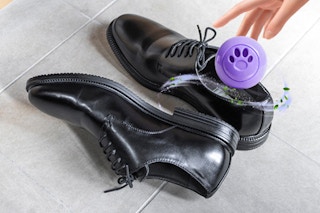 person putting shoe deodorizer in shoe
