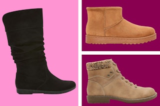 JCPenney's women's boots on a pink and maroon collage background.