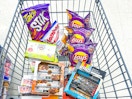 different snacks in shopping cart
