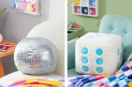 2 lifestyle images of Urban Shop decorative pillows: disco ball & dice