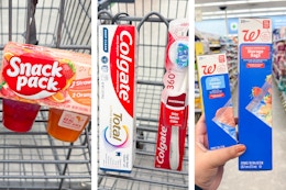 collage with snack packs, colgate toothpaste, walgreens storage bags