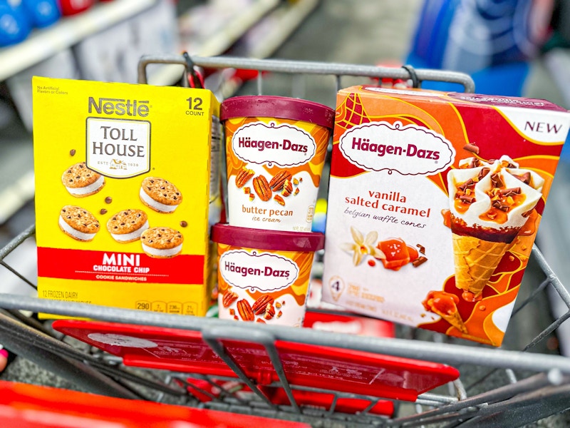 nestle ice cream sandwiches, haagen dazs ice cream, and haagen dazs ice cream cones in a cart