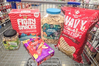 chips, fruit snacks, and more in a cart