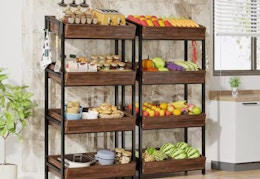 two standing vegetable racks in a kitchen