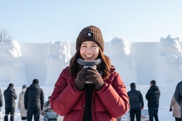 a woman wearing an outdoor accessory set