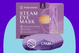 Body Restore Heated Eye Mask for Dry Eyes 5 Pack Lavender on a blue background.