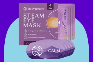 Body Restore Heated Eye Mask for Dry Eyes 5 Pack Lavender on a blue background.