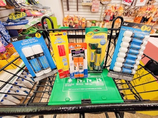 glue sticks in a cart at dollar tree