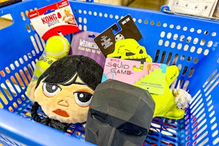 dog toys in a blue basket