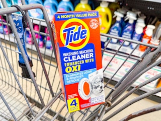 4-count of Tide washing machine cleaner in Walmart cart