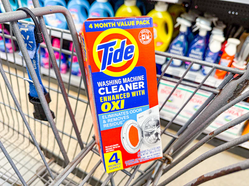 4-count of Tide washing machine cleaner in Walmart cart