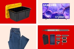 Costco Black Friday Deals 2025 with kirkland jeans, a dyson hair dryer, a samsung tv, and a storage bin