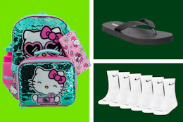 a backpack, socks, and flip flops in a collage