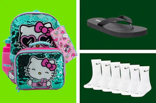a backpack, socks, and flip flops in a collage