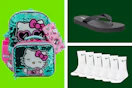 a backpack, socks, and flip flops in a collage