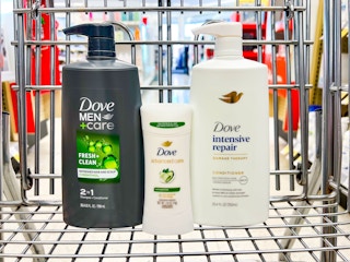 dove hair care and deodorant in a shopping cart