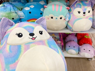 A fox Squishmallow being held in front of more Squishmallows on a shelf in the toy section at Kohl's.
