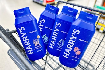 4 bottles of harrys body wash in a cart