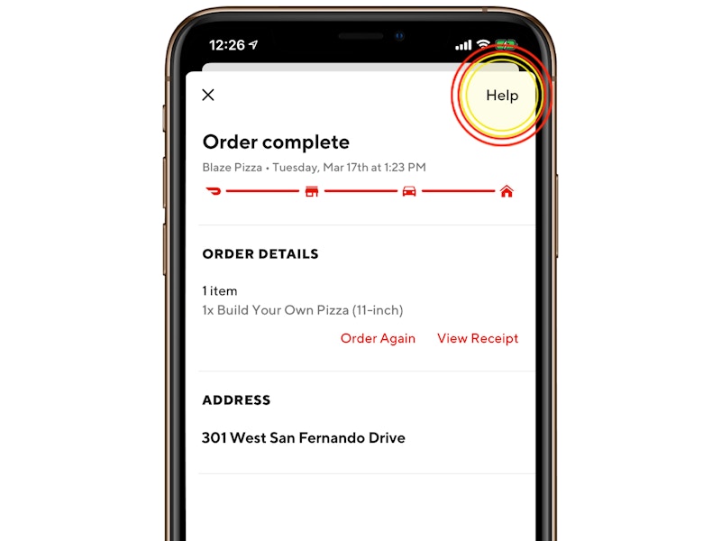 A screen shot of the Doordash app order page, with a circle around the top right corner icon that says help.