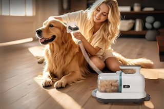 A young woman uses the pet vacuum to catch fur as she brushes a large golden dog with the brush attachment in a sunny room.