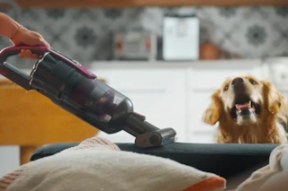 a woman cleaning a couch with a handheld vacuum attachment