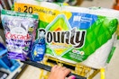 cascade, dawn, and bounty products in a dollar general shopping cart