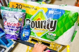 cascade, dawn, and bounty products in a dollar general shopping cart